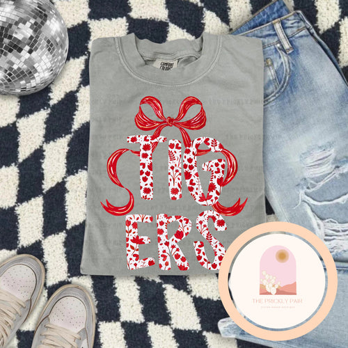 Tigers Red & White Floral Bow