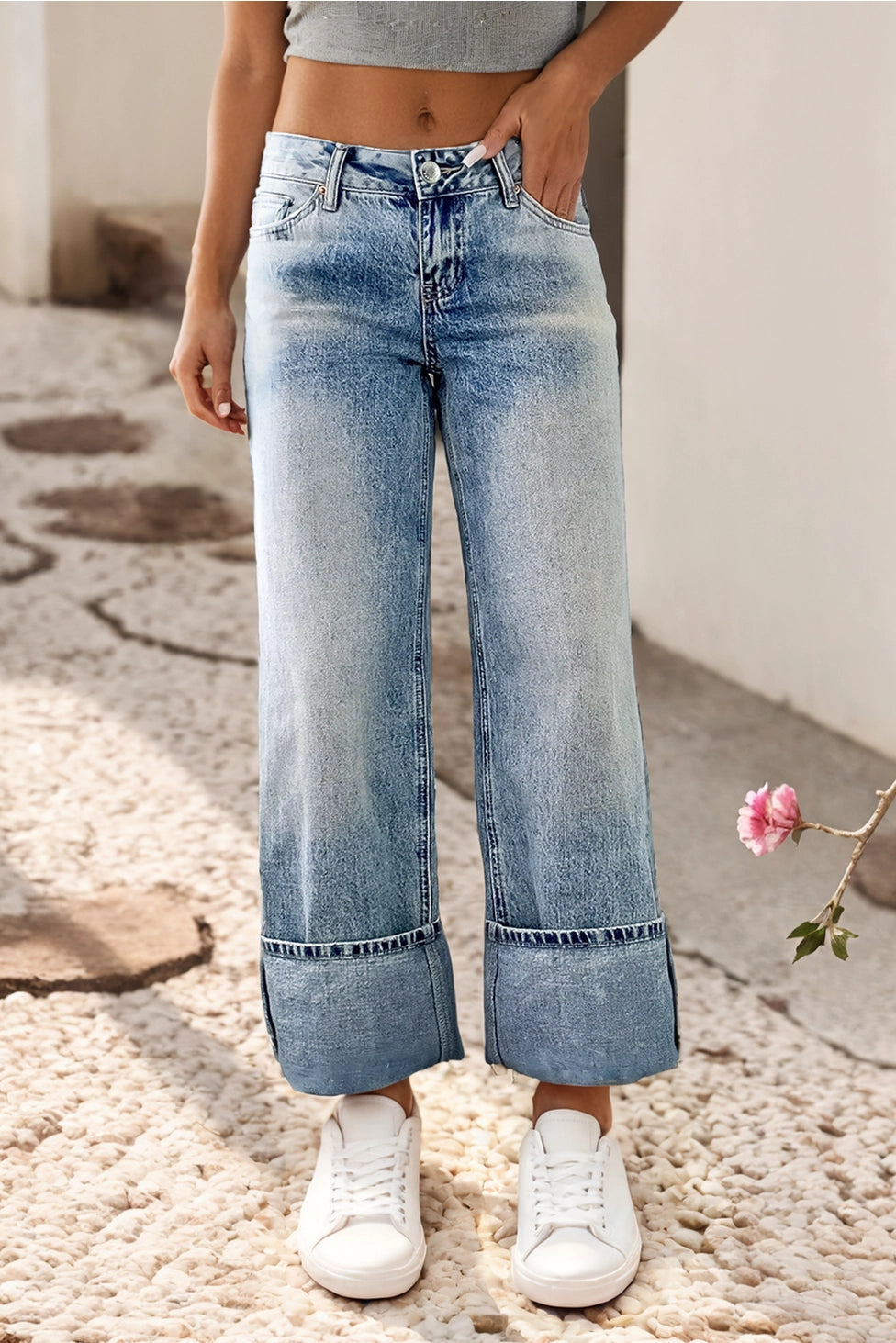 High Rise Button Zip Fly Medium Wash Jeans